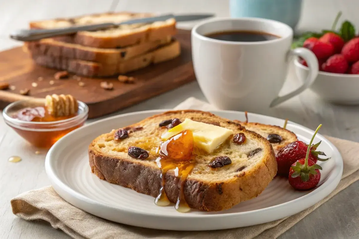 Freshly baked cinnamon raisin sourdough loaf with visible swirls of cinnamon and raisins.