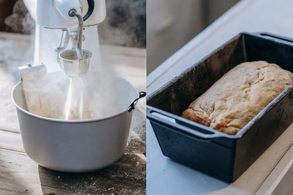 Steps to bake high protein bread, from kneading dough to freshly baked loaf.