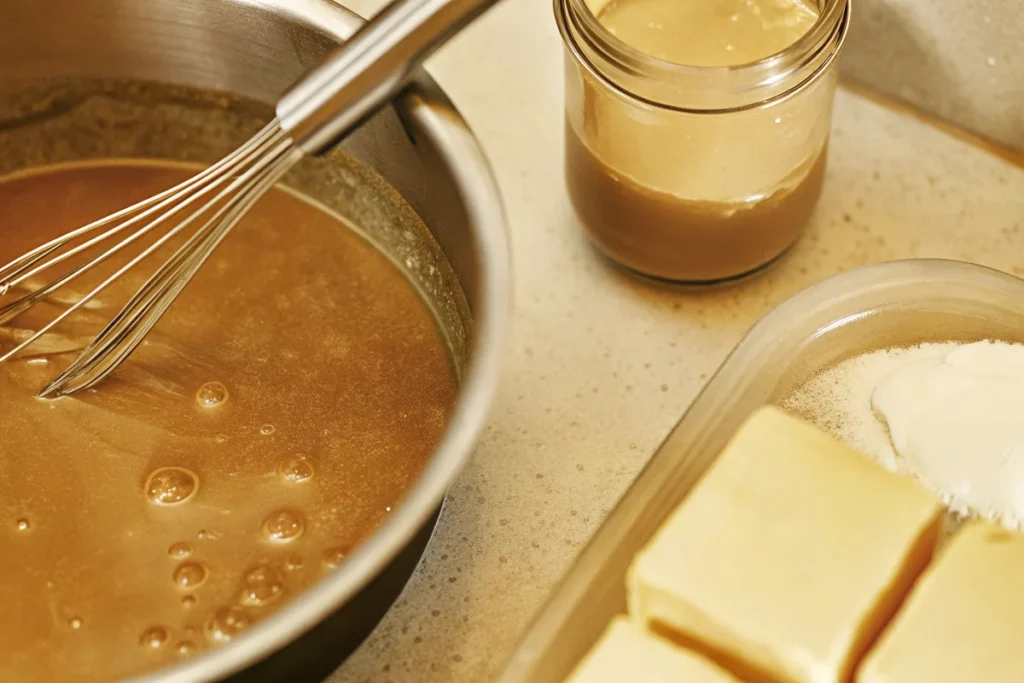 Step-by-step process of making butterscotch syrup at home.