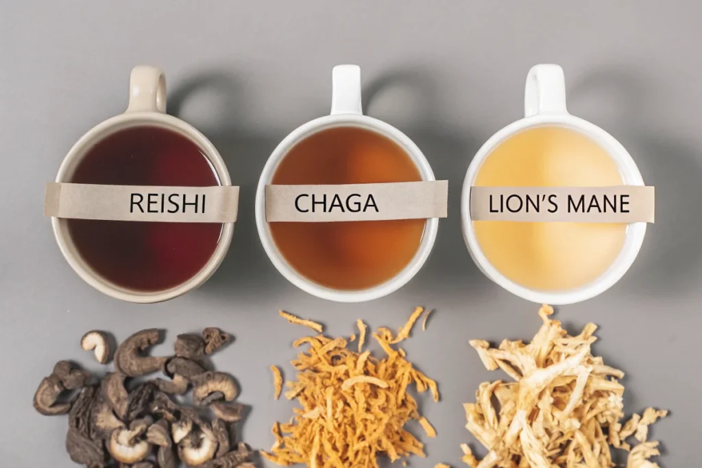 Three cups of mushroom tea: Reishi, Chaga, and Lion’s Mane, with dried mushrooms and labels.