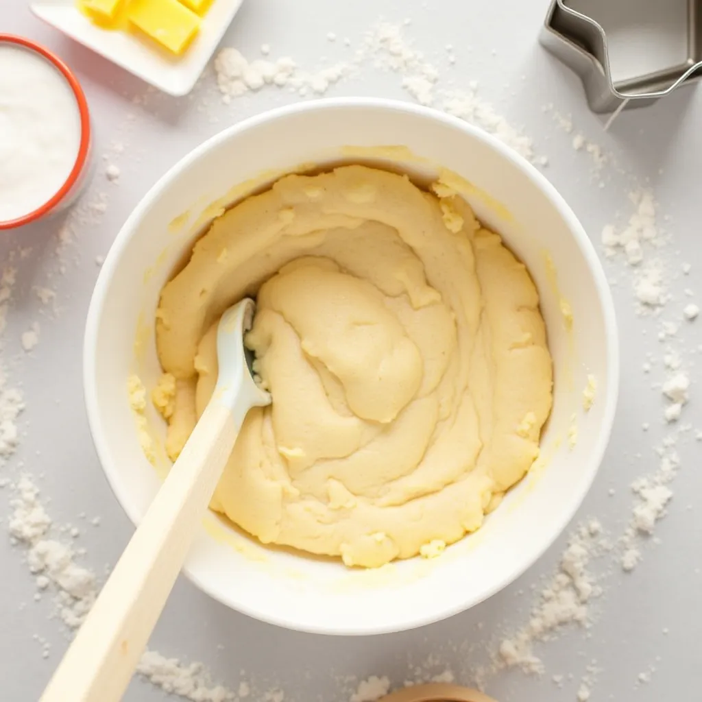 Soft Bisquick dough being mixed with a wooden spoon on a floured countertop.