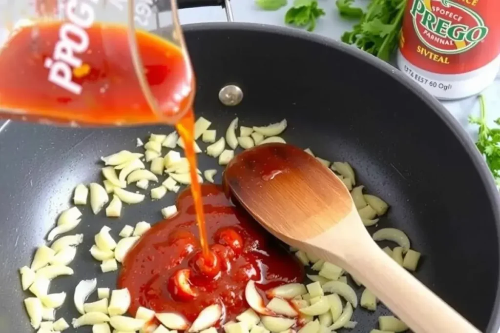 Garlic and onions sautéing in a skillet with Prego sauce being added, stirred with a wooden spoon.