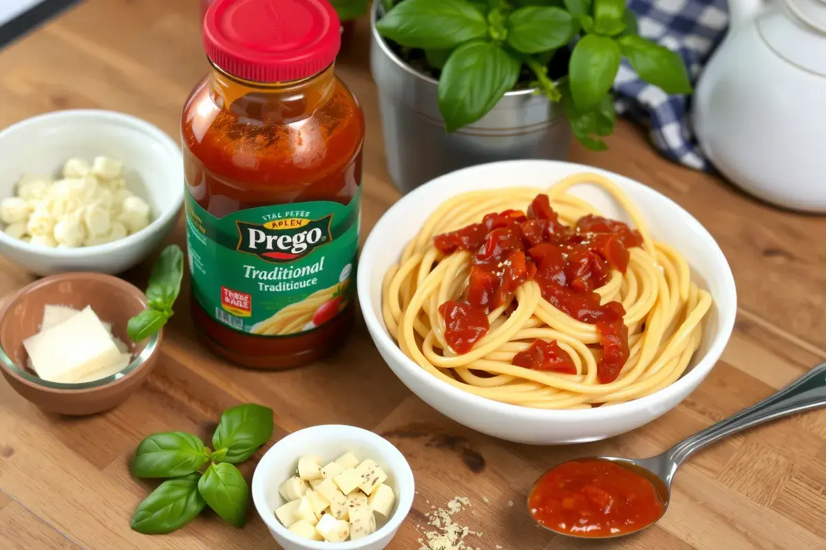 A jar of Prego Traditional pasta sauce next to a bowl of spaghetti garnished with basil and Parmesan cheese.