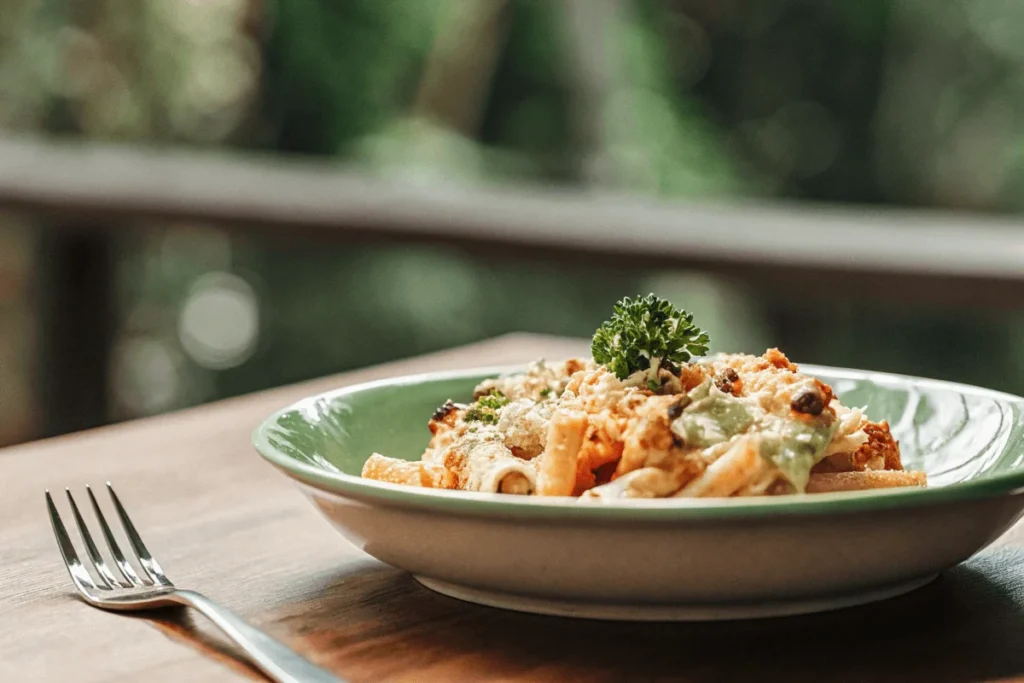 Assembling Chicken Broccoli Ziti in Baking Dish