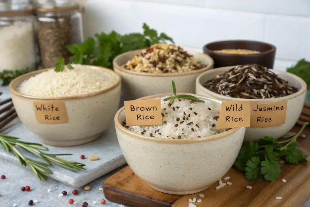 White rice, brown rice, wild rice, and jasmine rice displayed in labeled bowls on a rustic surface for a ground turkey and rice recipes.