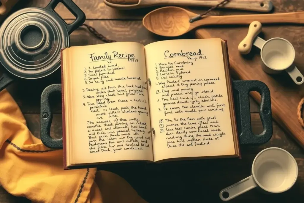 A handwritten family recipe book featuring a Southern side dish recipe, surrounded by vintage kitchen tools like a cast-iron skillet and wooden spoon.