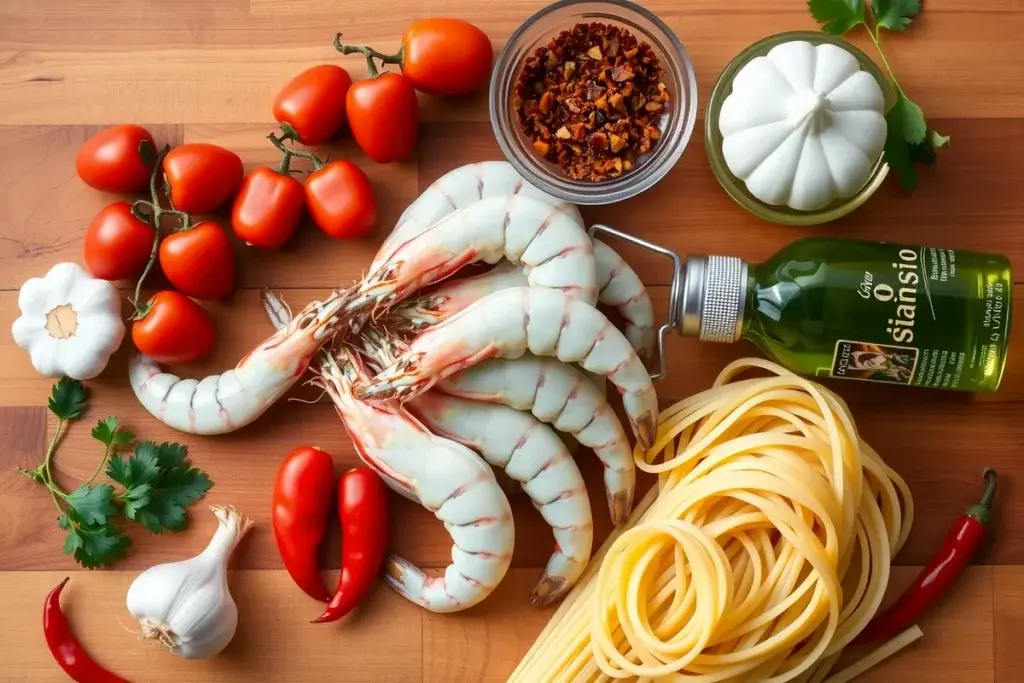 Ingredients for spicy shrimp pasta: fresh shrimp, tomatoes, garlic, parsley, chili flakes, olive oil, and linguine.