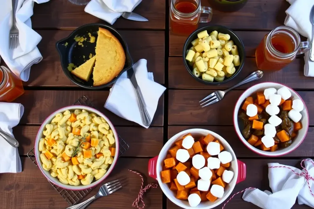 A variety of Southern side dishes, including cornbread, mac & cheese, collard greens, and candied yams, served on a rustic wooden table.