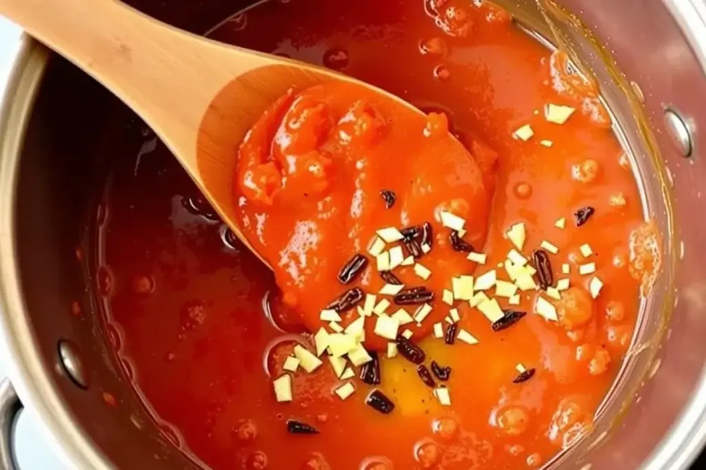 Tomato sauce with garlic and chili flakes simmering in a saucepan.