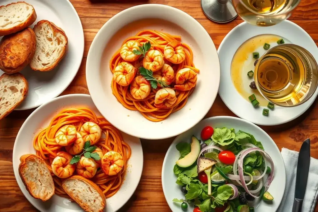 Spicy shrimp pasta served with garlic bread, Caesar salad.