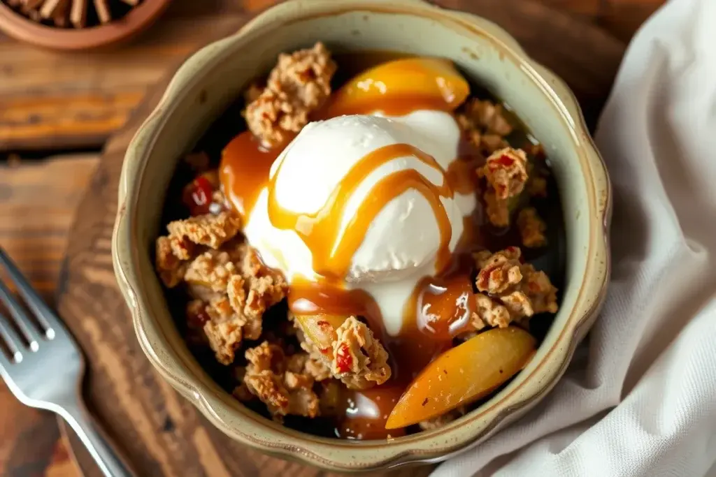 Warm apple crisp topped with vanilla ice cream and caramel sauce, served in a rustic ceramic bowl.