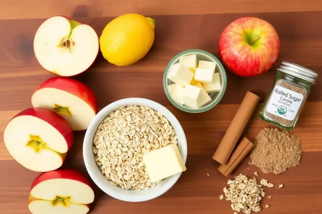 Ingredients for apple crisp dessert, including sliced apples, lemon, oats, butter, cinnamon, and brown sugar.