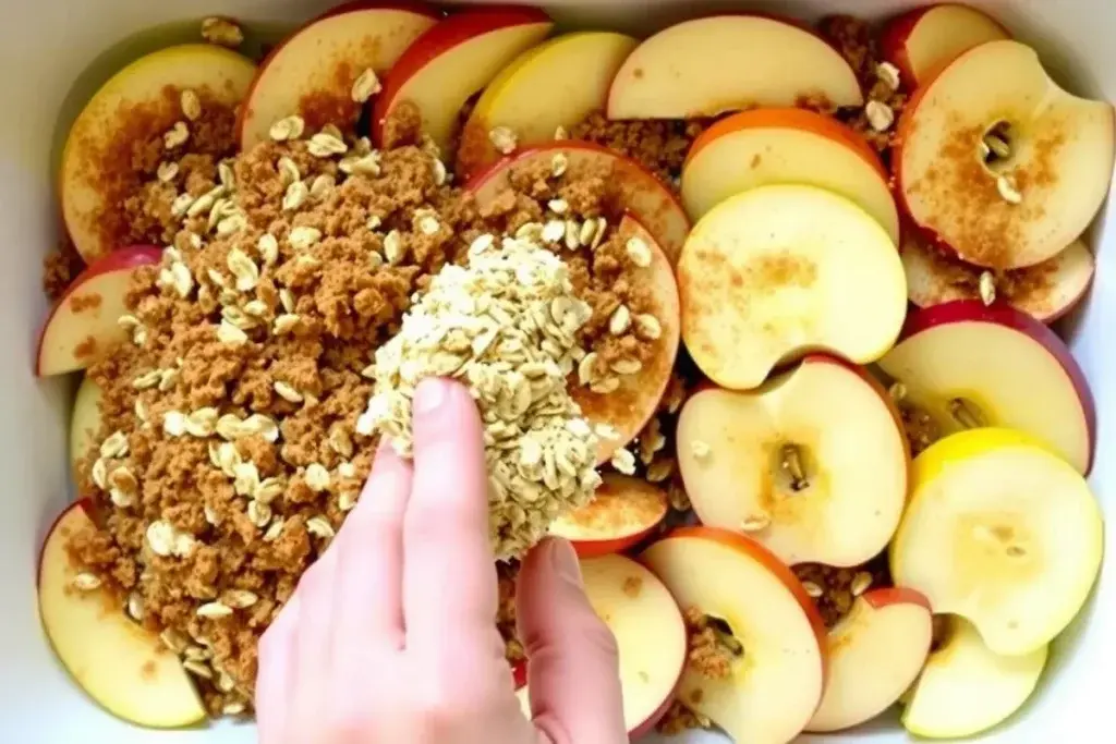 Apple slices in a baking dish, coated in cinnamon and brown sugar, being topped with oat crumble.