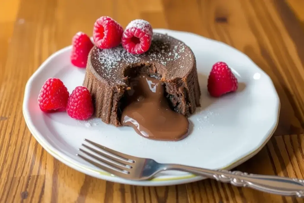 Warm chocolate lava cake with molten chocolate center, garnished with powdered sugar and fresh raspberries.
