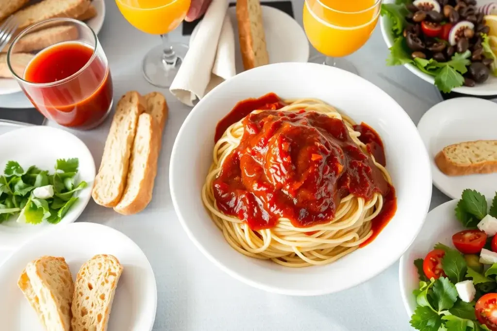 A family dinner table with spaghetti and Prego sauce, garlic bread, salad, and red wine.