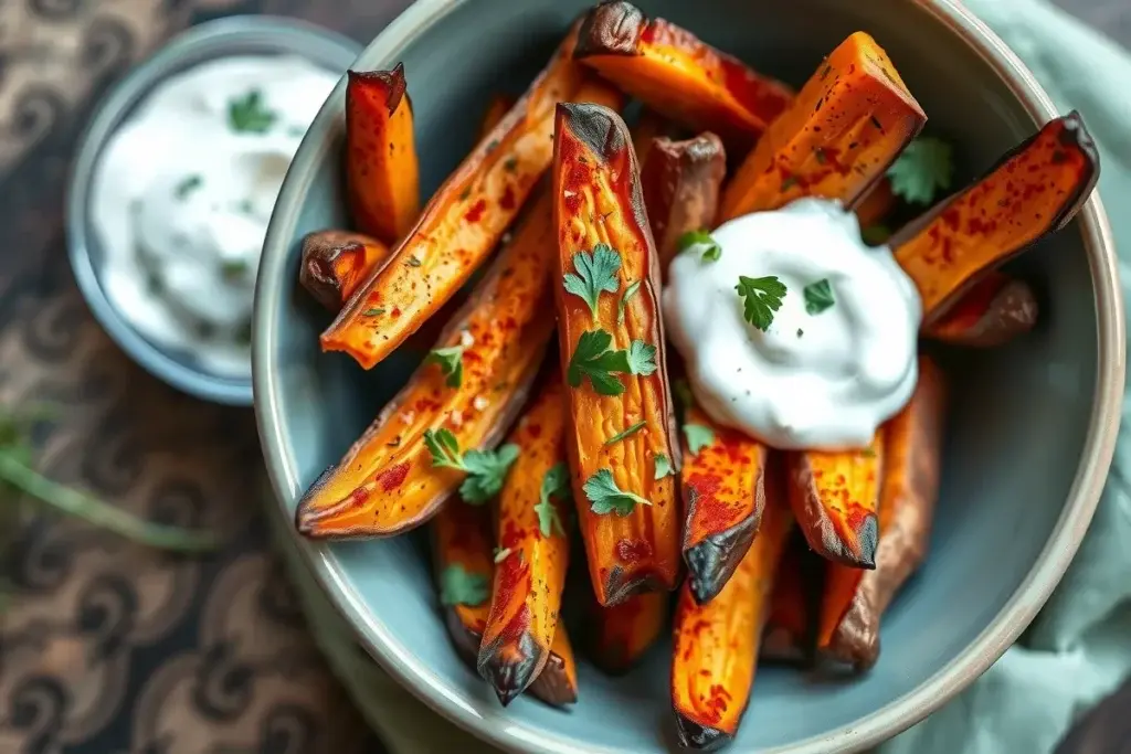 Oven-baked sweet potato fries seasoned with paprika and fresh herbs, served with a light yogurt dipping sauce.