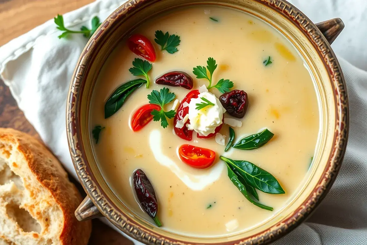 A bowl of creamy marry me chicken soup garnished with parsley, Parmesan, and cream.