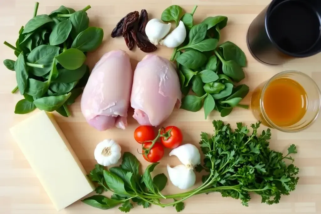 Ingredients for marry me chicken soup, including chicken thighs, sun-dried tomatoes, spinach, Parmesan, and fresh herbs.
