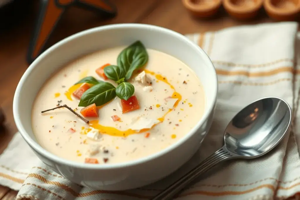 A bowl of creamy marry me chicken soup garnished with basil and Parmesan.
