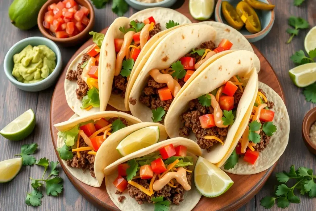 Burger tacos with seasoned beef, fresh toppings, and garnishes on a rustic platter.