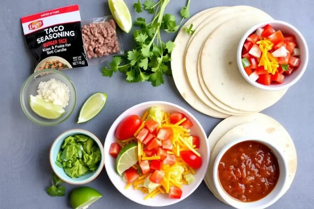 Ingredients for burger tacos, including ground beef, taco seasoning, tortillas, lettuce, and salsa.
