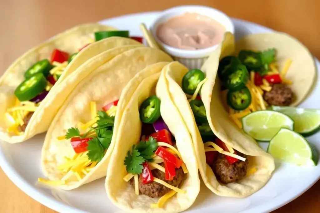 Burger tacos served with toppings like cheese, jalapeños, and cilantro, with chipotle mayo on the side.
