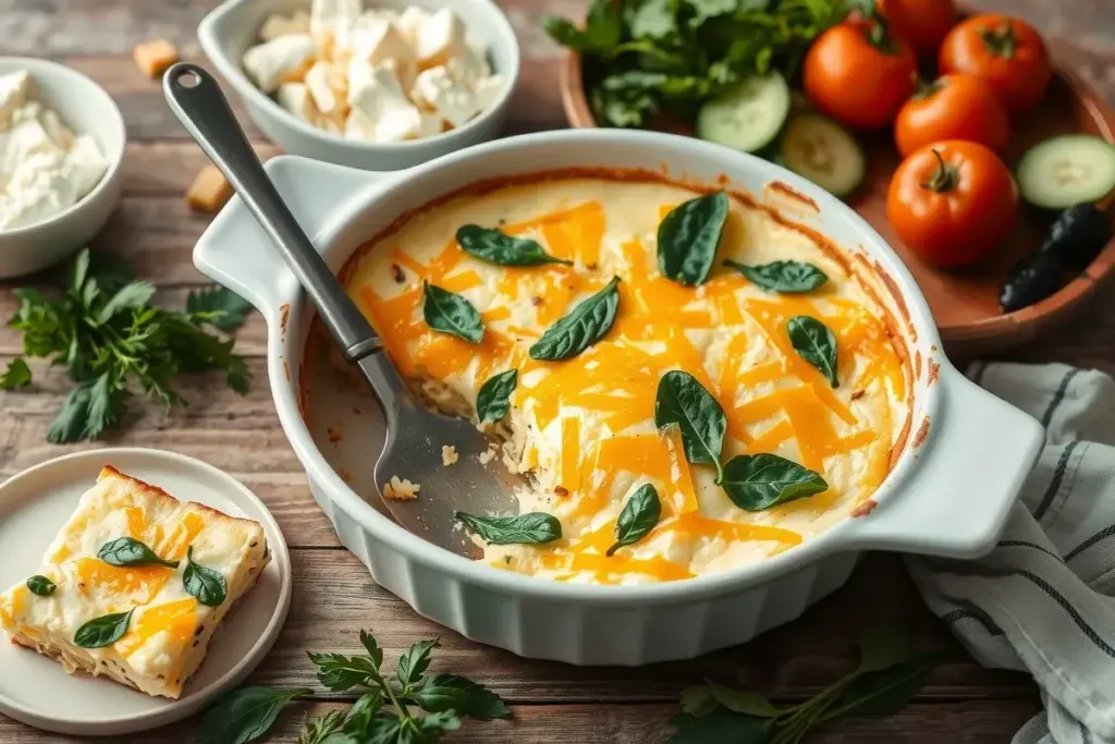 Golden-baked cottage cheese egg casserole garnished with spinach and melted cheddar in a ceramic dish.