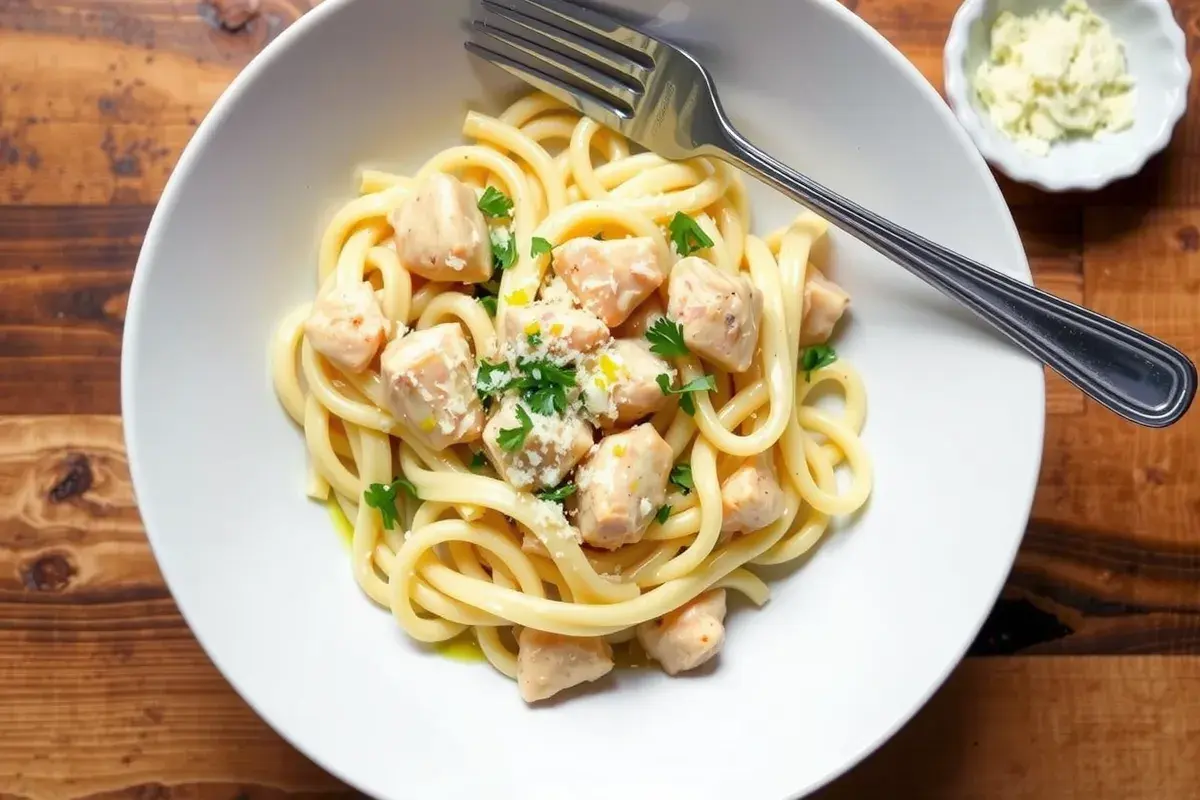 Garlic parmesan chicken pasta served in a white bowl, topped with parmesan cheese and parsley, with a side of grated parmesan.