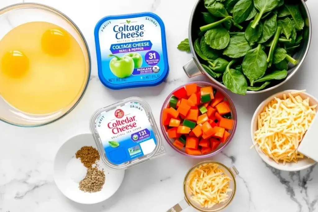 Ingredients for cottage cheese egg bake, including eggs, cottage cheese, bell peppers, spinach, and shredded cheddar.
