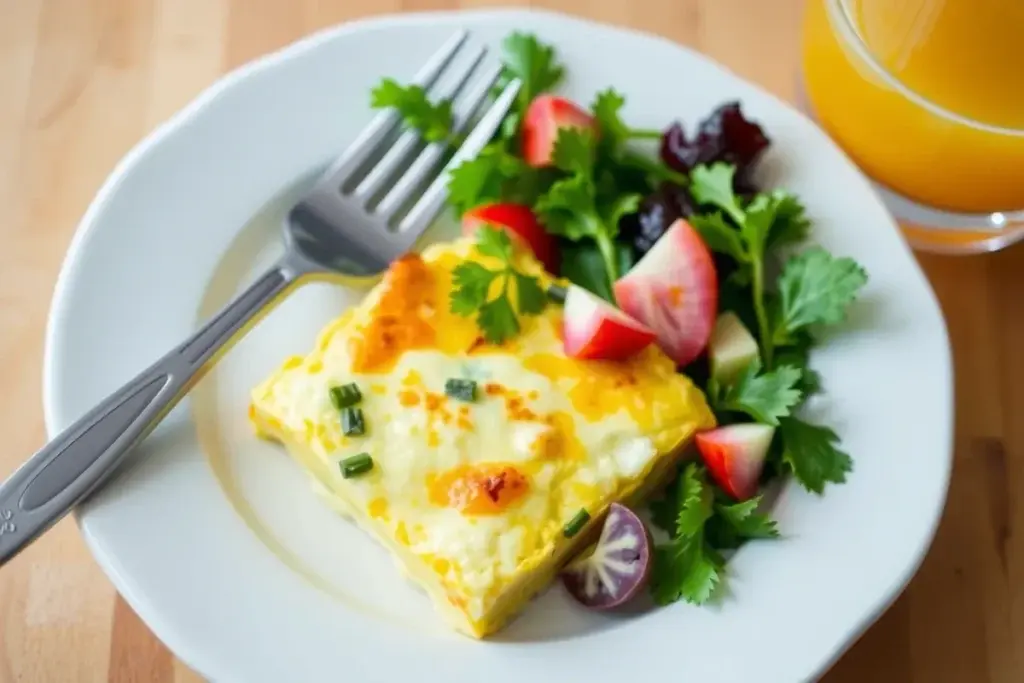 A serving of cottage cheese egg bake with parsley garnish, paired with a side salad and orange juice.
