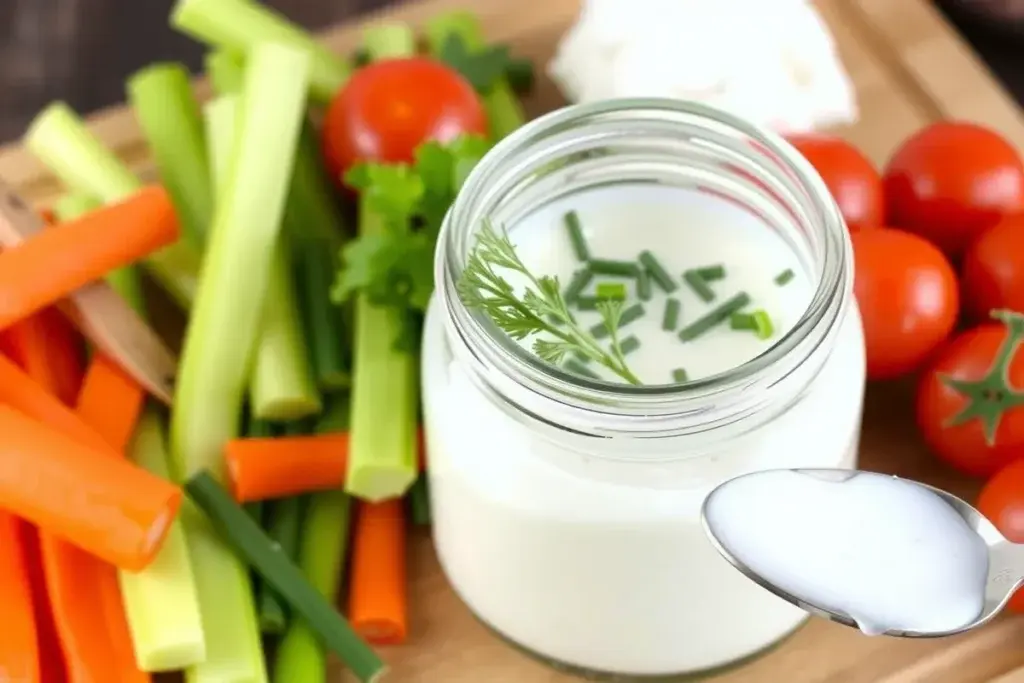 A jar of creamy Greek yogurt ranch dressing garnished with fresh herbs, surrounded by raw vegetables on a wooden board.