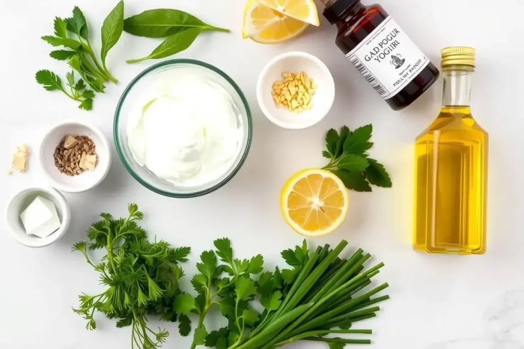 Ingredients for Greek yogurt ranch dressing, including Greek yogurt, fresh herbs, garlic powder, onion powder, and lemon wedges.