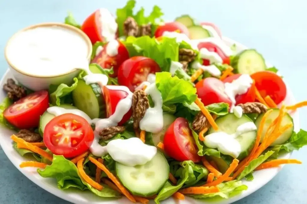 A fresh salad drizzled with Greek yogurt ranch dressing, accompanied by a small bowl of the dressing on the side.