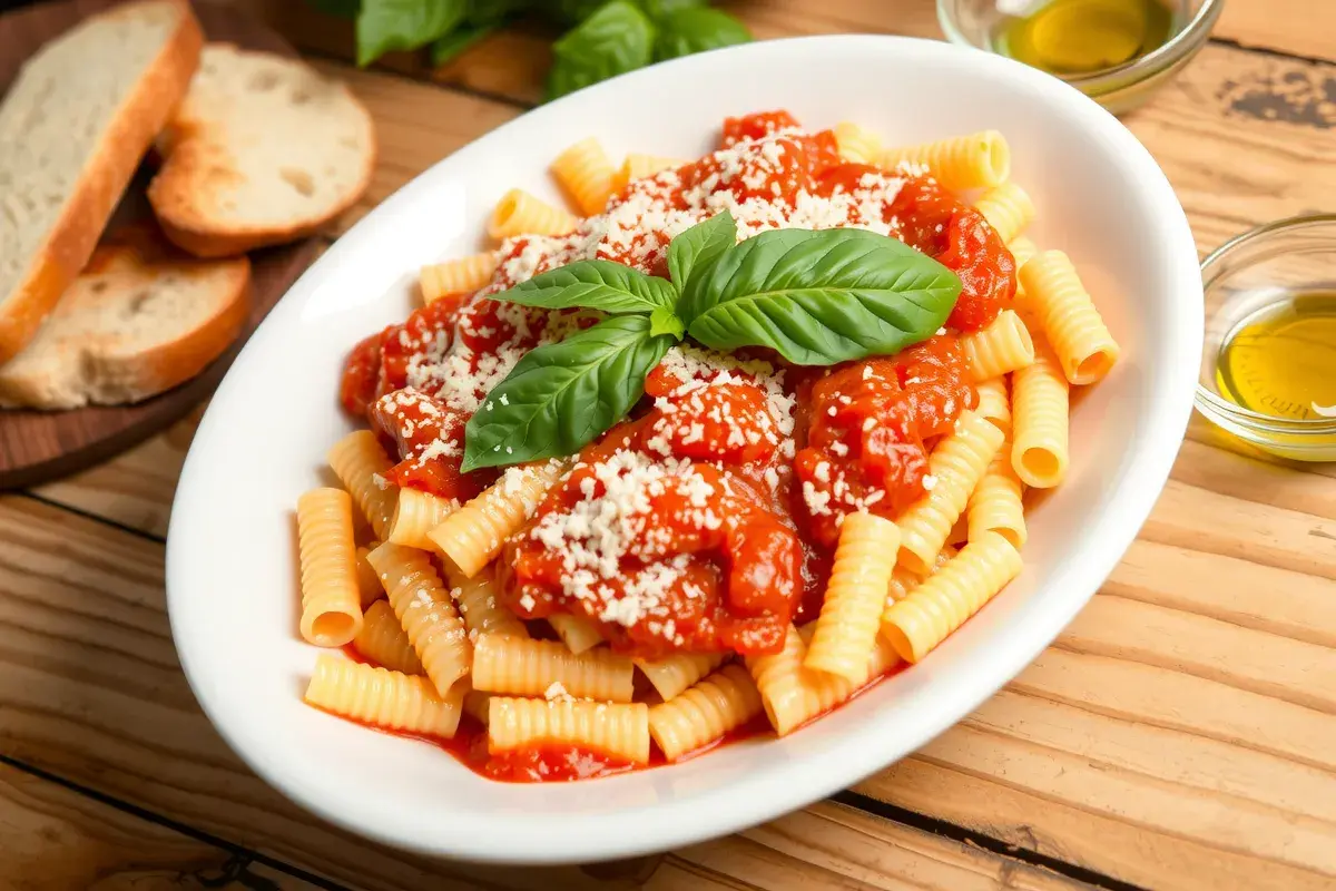 A bowl of rotini pasta coated in marinara sauce, topped with Parmesan cheese and fresh basil, served with garlic bread on a rustic wooden table.