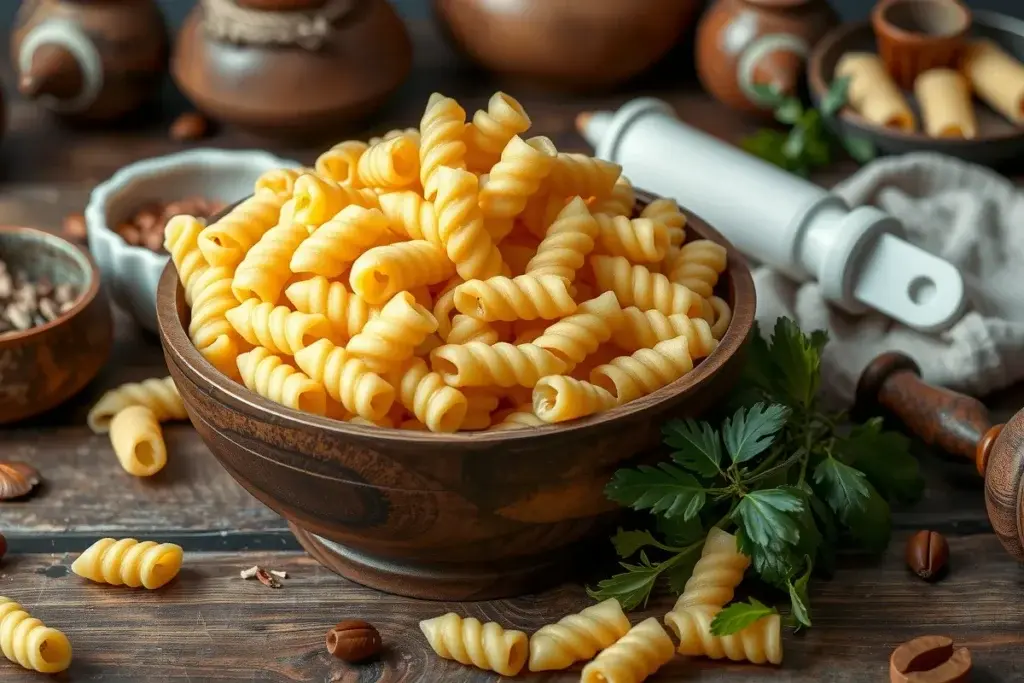 Uncooked rotini pasta in a wooden bowl, surrounded by vintage Italian cooking tools and fresh herbs.