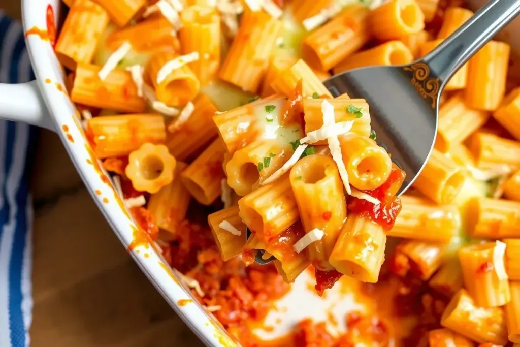 A cheesy baked rotini pasta casserole served in a ceramic dish, with a portion being scooped onto a plate.