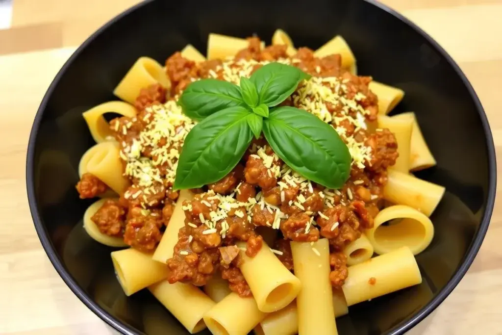 A vegan rotini pasta dish with lentil Bolognese, topped with nutritional yeast and fresh basil, served in a black bowl.
