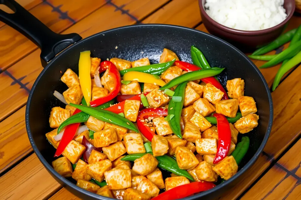 A skillet of diced chicken stir-fry with bell peppers and onions, glazed in soy-based sauce, garnished with sesame seeds and green onions.