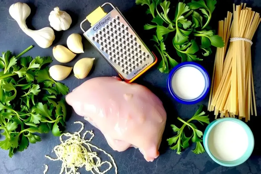 Ingredients for garlic parmesan chicken pasta, including fresh garlic, Parmigiano-Reggiano, chicken breast, parsley, pasta, and cream.
