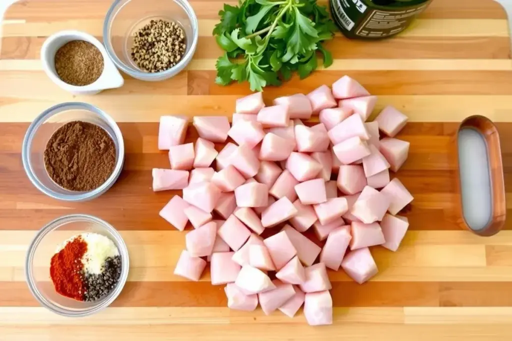 Raw diced chicken on a wooden cutting board with spices, fresh herbs, and olive oil.
