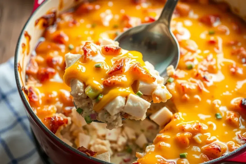 A baked chicken casserole with golden cheese, vegetables, and creamy sauce, served with a spoon.
