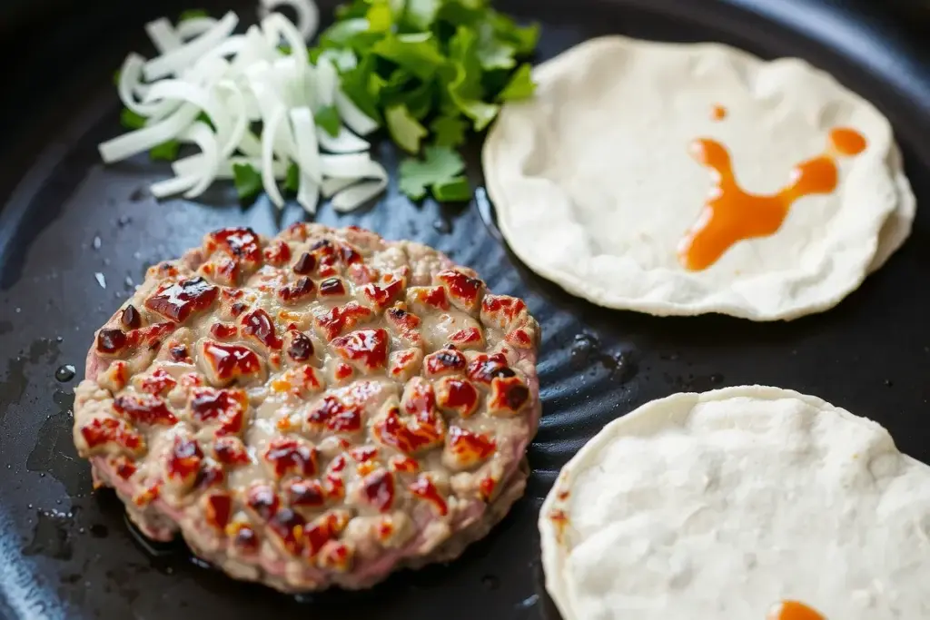 A smashed beef patty on a griddle with a flour tortilla and fresh taco toppings.