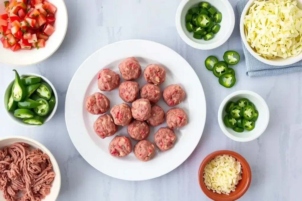 Key ingredients for smash tacos: ground beef balls, tortillas, lettuce, pico de gallo, jalapeños, and cheese.
