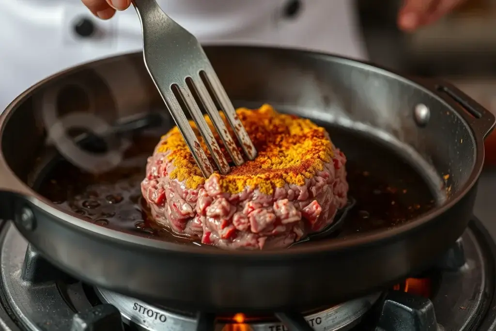 A cook pressing a ball of ground beef onto a cast-iron skillet to form a crispy smash patty.
