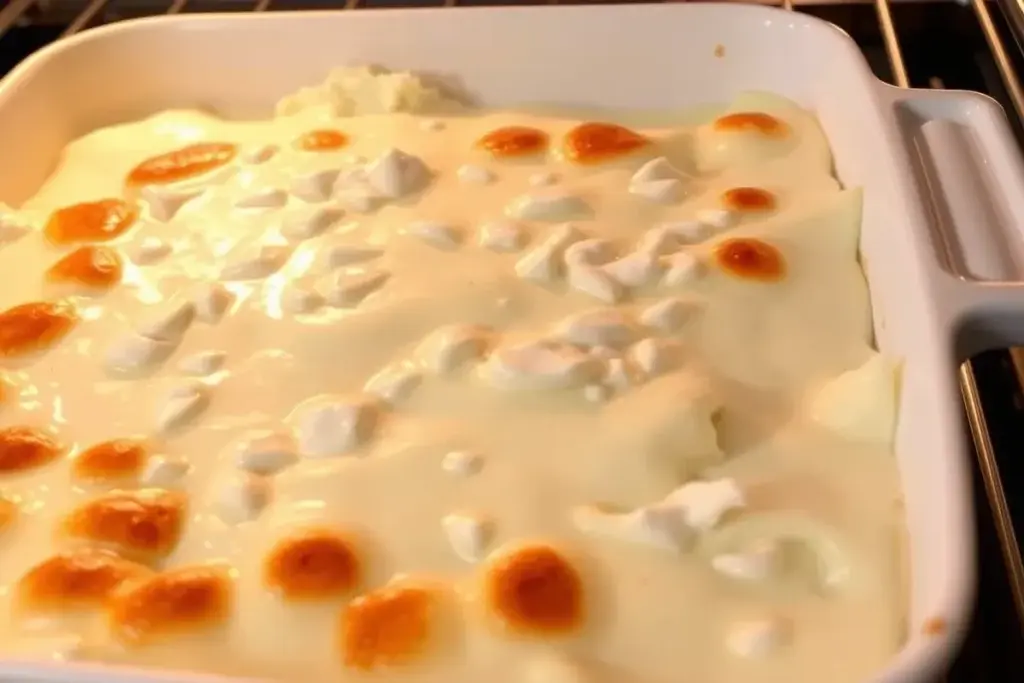 A bubbling casserole of cottage cheese mid-baking in the oven, golden edges forming.
