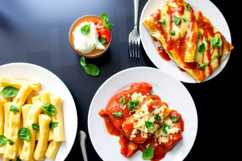 Three baked cottage cheese dishes: breakfast casserole, Tex-Mex stuffed peppers, and Italian-style lasagna.