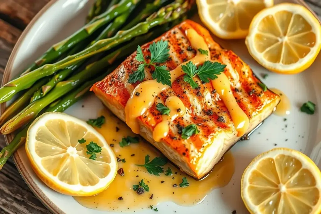 Grilled salmon topped with lemon pepper sauce, garnished with parsley and served with roasted asparagus.