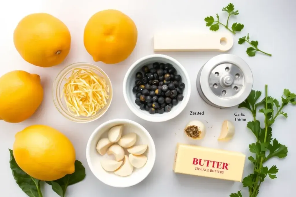 Ingredients for lemon pepper sauce, including lemons, black pepper, butter, garlic, and herbs.
