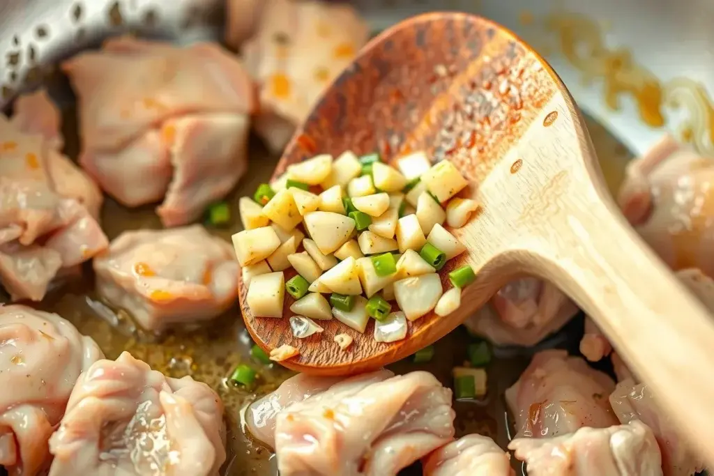 Chicken pieces sautéing in a pan with minced garlic, stirred by a wooden spoon.
