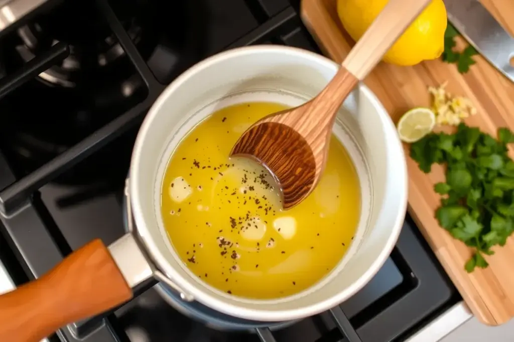 Lemon pepper sauce bubbling in a saucepan, with a wooden spoon stirring the mixture.
